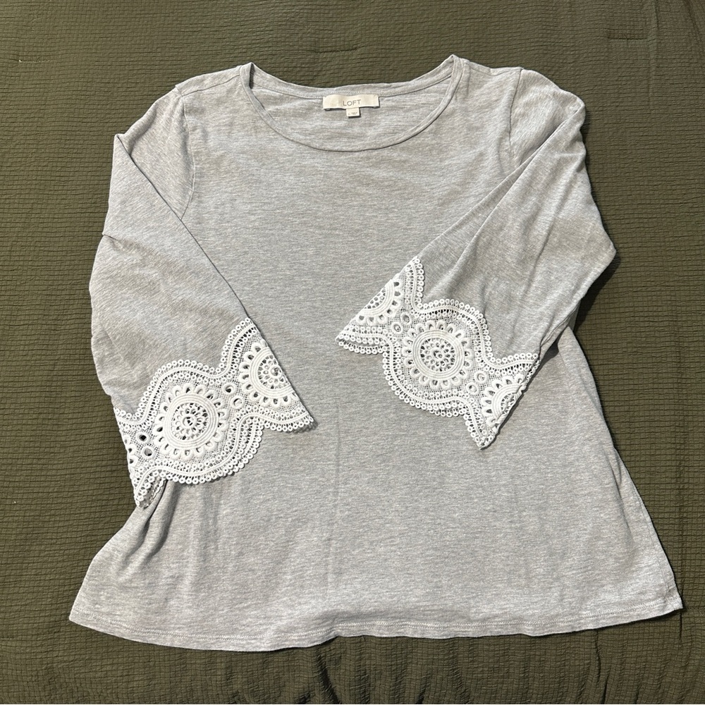 Elegant light gray blouse, white lace sleeves